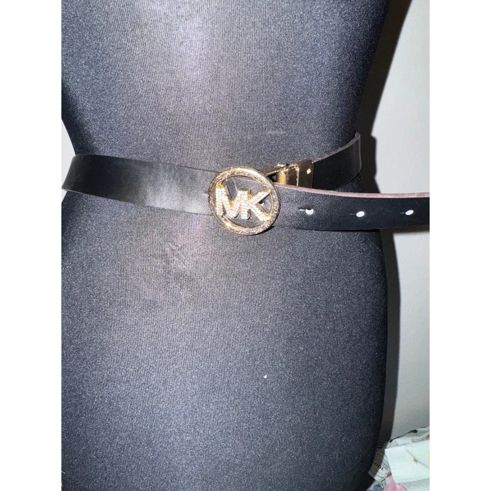 Michael Kors Reversible‎ Belt Monogram Pave Crystal Logo Gold Buckle Womens